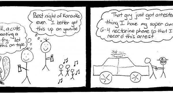 comic strip illustrating person using a smartphone to record karaoke at night and then in the next frame using a smartphone to record police encounters