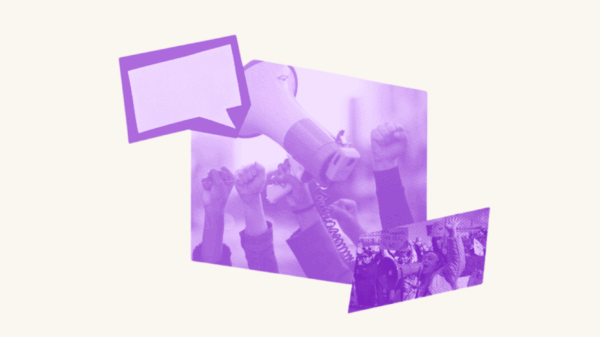 A text message chat box is placed over top a crowd of people fisting the air while a hand in the middle holds a megaphone. In the bottom right corner is a group of people in solidarity with one another.