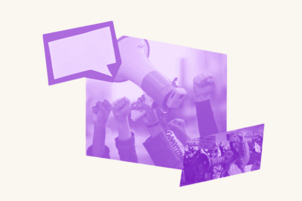 A text message chat box is placed over top a crowd of people fisting the air while a hand in the middle holds a megaphone. In the bottom right corner is a group of people in solidarity with one another.