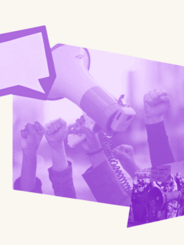 A text message chat box is placed over top a crowd of people fisting the air while a hand in the middle holds a megaphone. In the bottom right corner is a group of people in solidarity with one another.