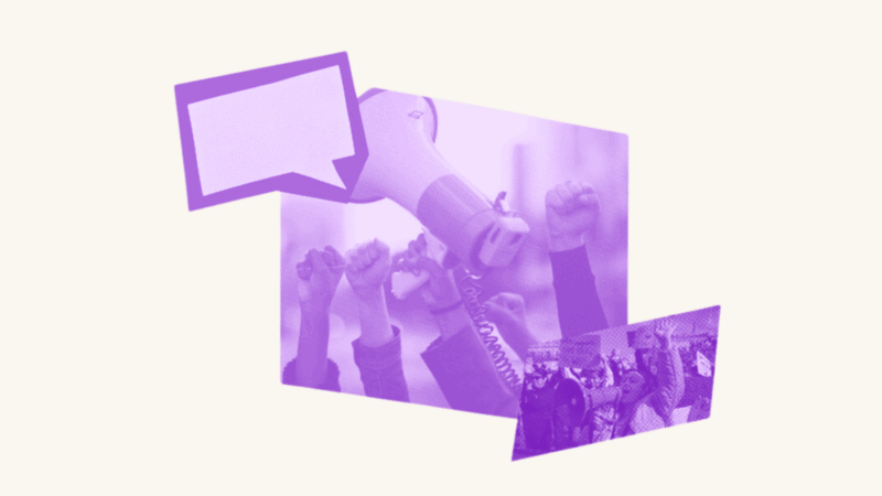 A text message chat box is placed over top a crowd of people fisting the air while a hand in the middle holds a megaphone. In the bottom right corner is a group of people in solidarity with one another.