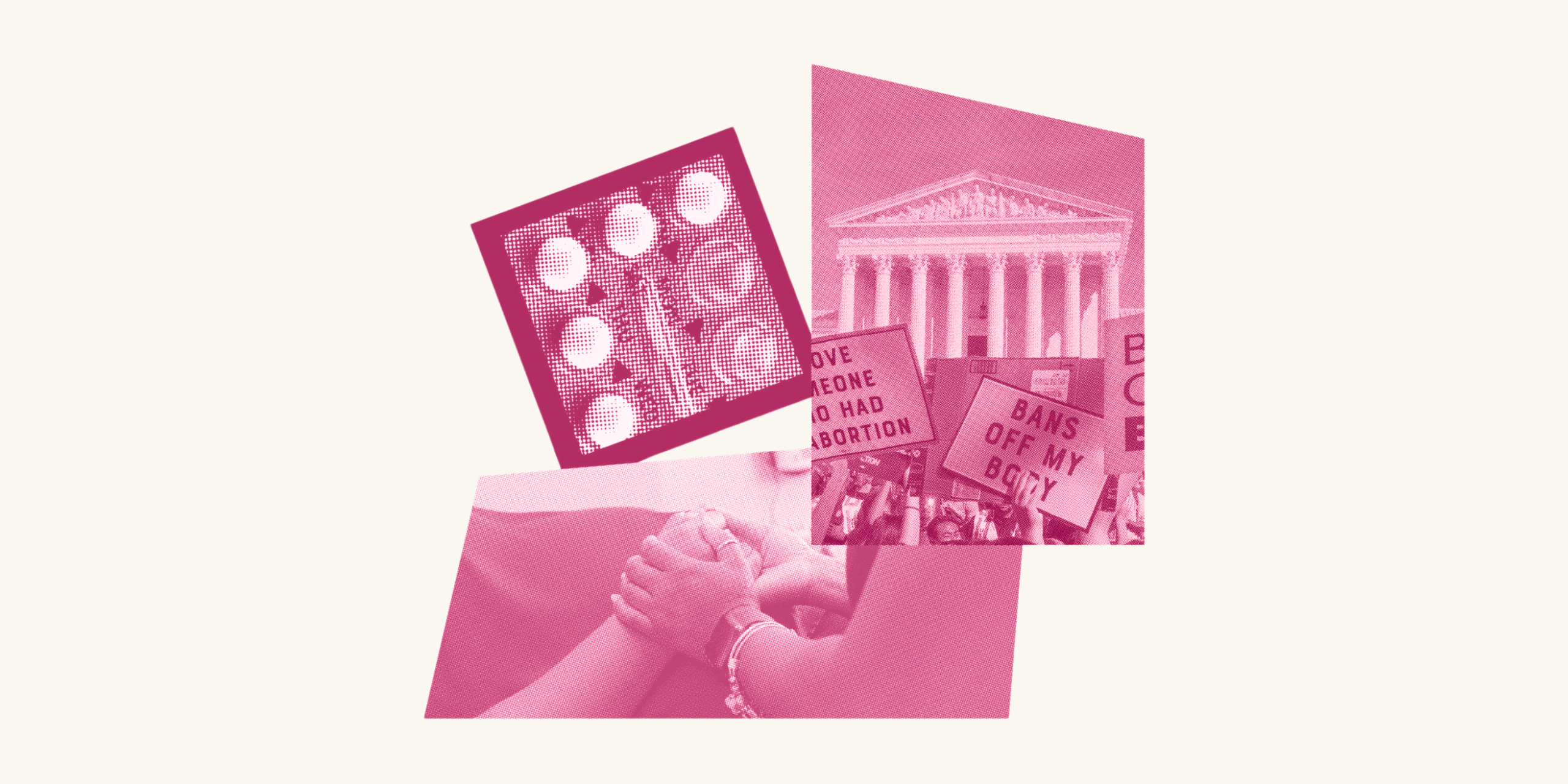 Three pink images that shows a capitol building, two people holding hands, and a pill packet.