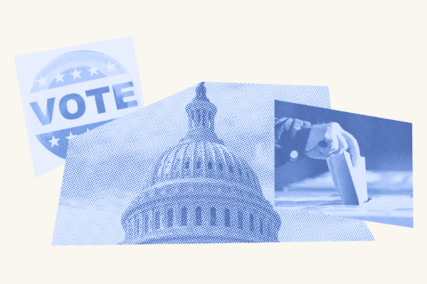 A capitol building is surrounded by a "Vote" sticker and a hand that enters a ballot into a ballot box.