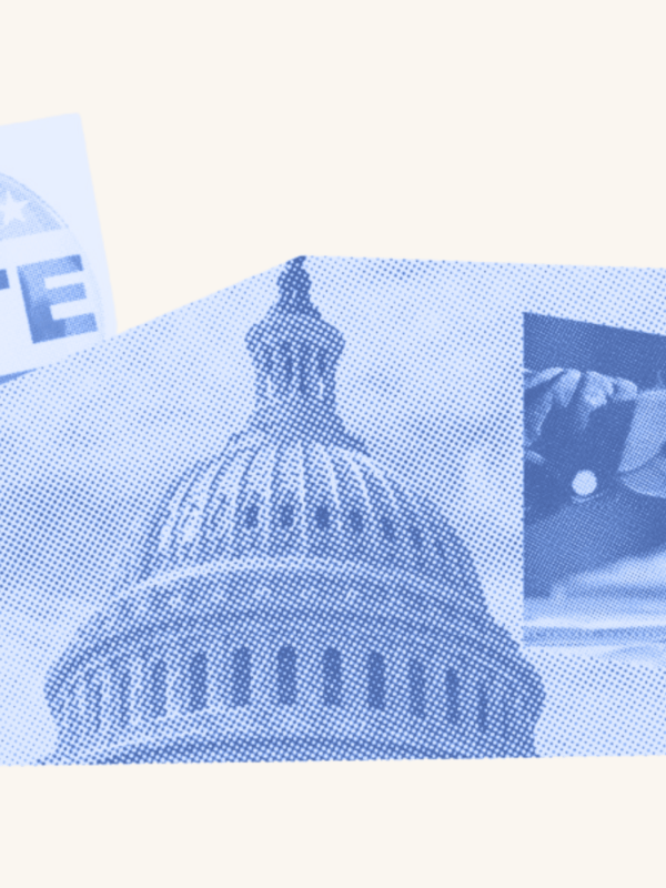 A capitol building is surrounded by a "Vote" sticker and a hand that enters a ballot into a ballot box.