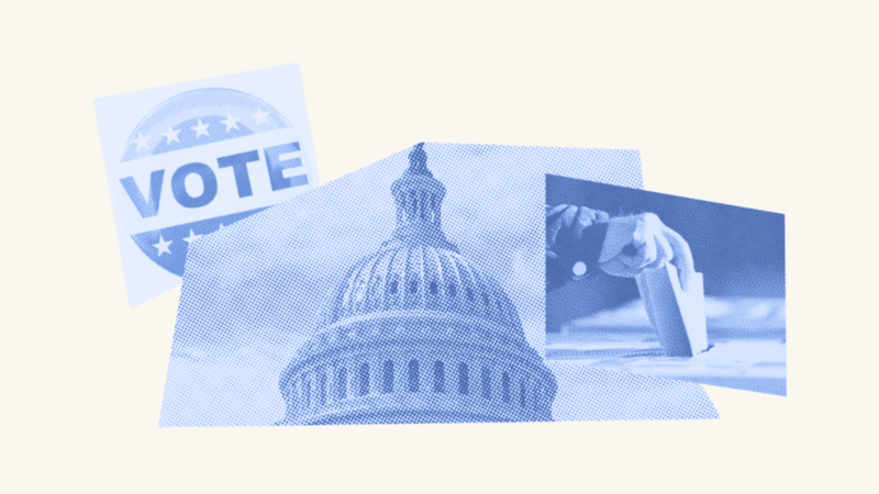 A capitol building is surrounded by a "Vote" sticker and a hand that enters a ballot into a ballot box.