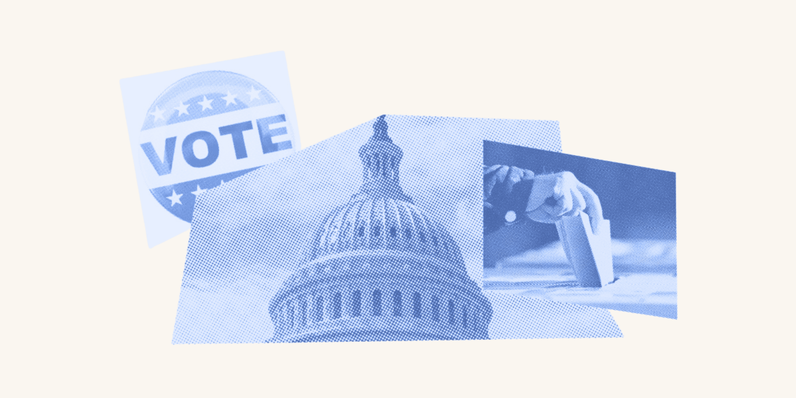 A capitol building is surrounded by a "Vote" sticker and a hand that enters a ballot into a ballot box.