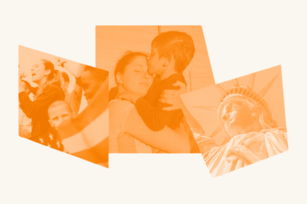 Over an orange filter is a woman hold her child tight. To the sides of the family reunion is the statue of liberty and a crowd of people practicing their first amendment right.