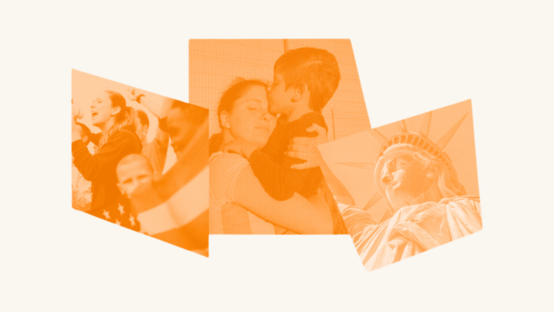 Over an orange filter is a woman hold her child tight. To the sides of the family reunion is the statue of liberty and a crowd of people practicing their first amendment right.
