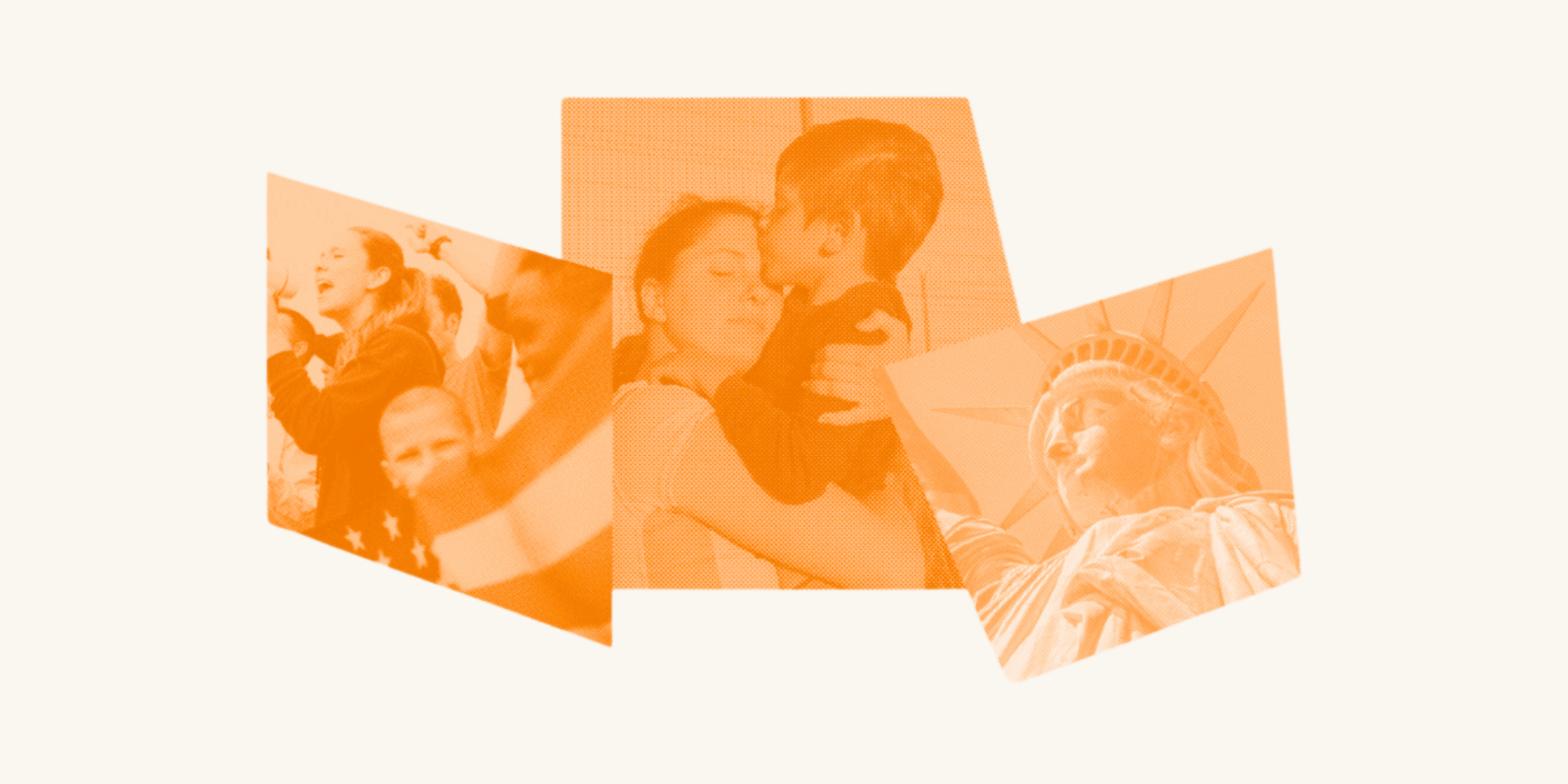 Over an orange filter is a woman hold her child tight. To the sides of the family reunion is the statue of liberty and a crowd of people practicing their first amendment right.