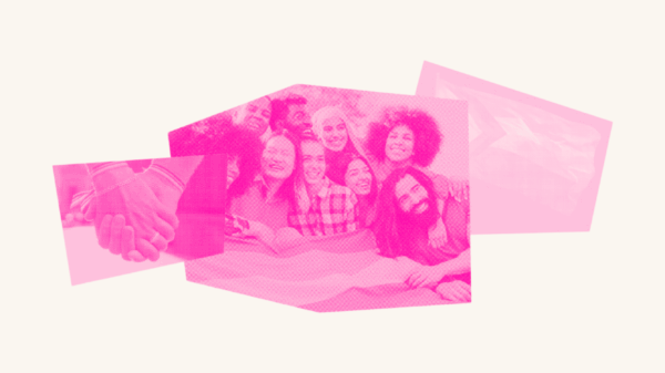 A diverse friend group huddles together to smile at the camera, in a burnt orange filter. To the right is a pride inclusive flag in a pink filter, while on the left are two hands holding each other in a blue filter.