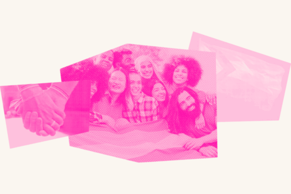 A diverse friend group huddles together to smile at the camera, in a burnt orange filter. To the right is a pride inclusive flag in a pink filter, while on the left are two hands holding each other in a blue filter.