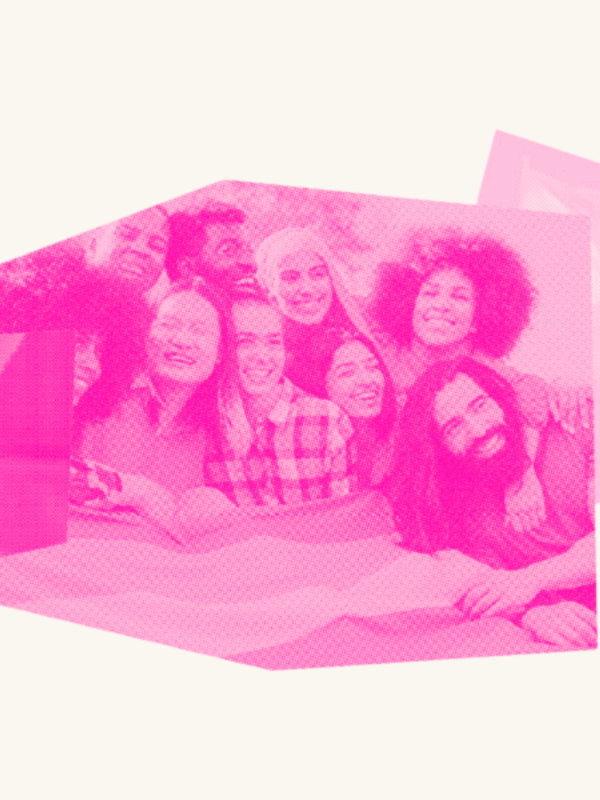A diverse friend group huddles together to smile at the camera, in a burnt orange filter. To the right is a pride inclusive flag in a pink filter, while on the left are two hands holding each other in a blue filter.