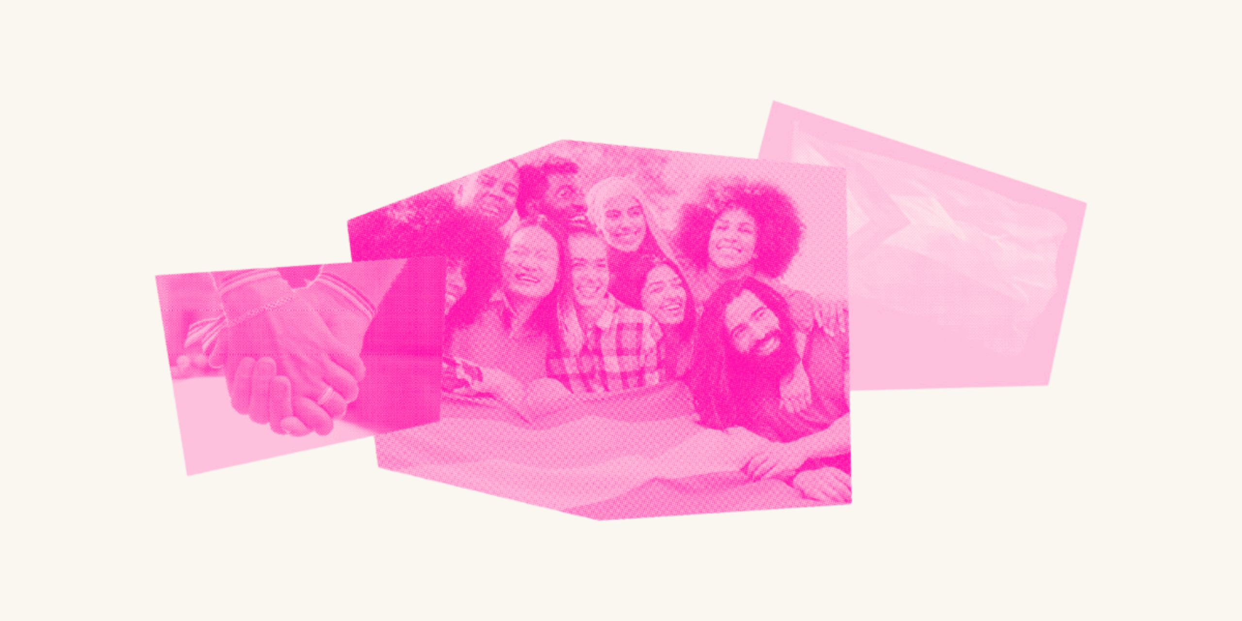 A diverse friend group huddles together to smile at the camera, in a burnt orange filter. To the right is a pride inclusive flag in a pink filter, while on the left are two hands holding each other in a blue filter.