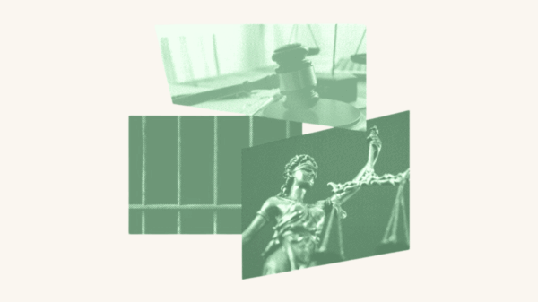 A green filtered gavel slams down on a table. Behind it is a picture of prison bars. In the bottom right hand corner is Lady Justice.