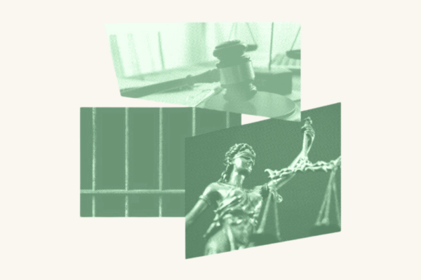 A yellow filtered gavel slams down on a table. Behind it is a picture of prison bars. In the bottom right hand corner is Lady Justice.