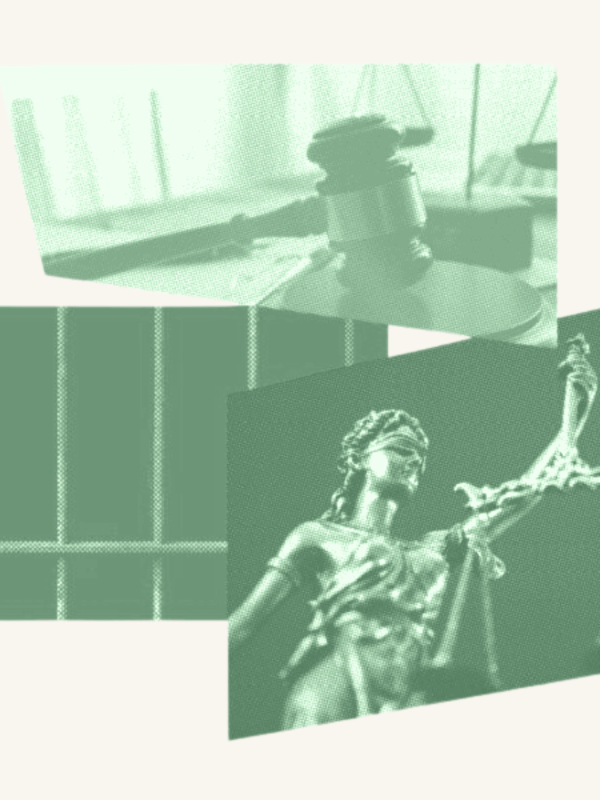 A yellow filtered gavel slams down on a table. Behind it is a picture of prison bars. In the bottom right hand corner is Lady Justice.