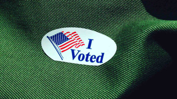 Voting sticker on green fabric