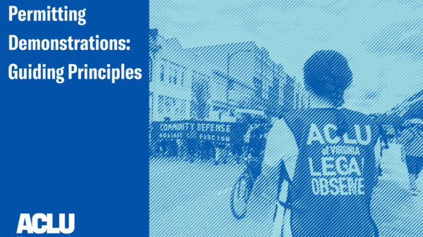 Front cover of our white paper entitled "Permitting Demonstrations: Guiding principles" with an engraved picture of our legal observer monitoring a protest in Richmond