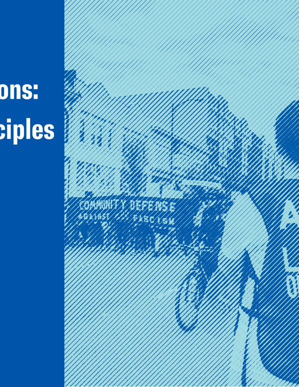 Front cover of our white paper entitled "Permitting Demonstrations: Guiding principles" with an engraved picture of our legal observer monitoring a protest in Richmond