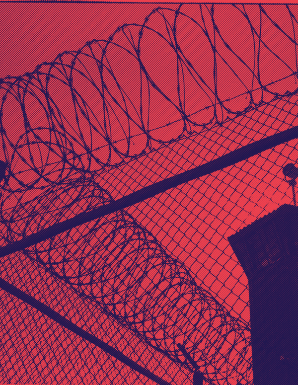 a picture of barbed wire and a prison watch tower