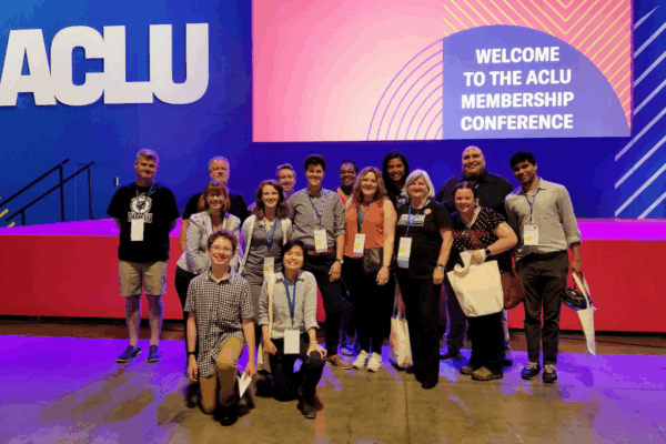 The ACLU of Virginia, along with 13-year-old activist Henry Haggard, against the stage at the ACLU National Membership Conference in Washington D.C. in the summer of 2018