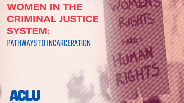 The cover of the ACLU-VA's women in prison report, with a hand holding a sign that says "Women's Rights Are Human Rights" on the right and the text "Women in the criminal justice system: Pathways to incarceration" on the left