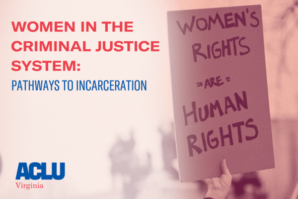 The cover of the ACLU-VA's women in prison report, with a hand holding a sign that says "Women's Rights Are Human Rights" on the right and the text "Women in the criminal justice system: Pathways to incarceration" on the left