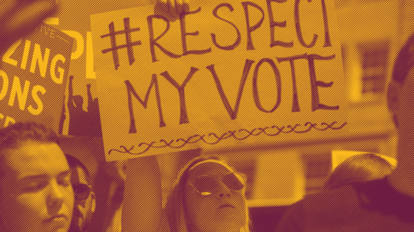 A white woman holding a sign that says "hashtag Respect My Vote"