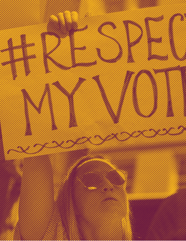 A white woman holding a sign that says "hashtag Respect My Vote"