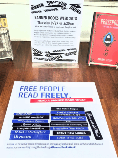 Window display with an ACLU-VA branded Banned Books Week poster