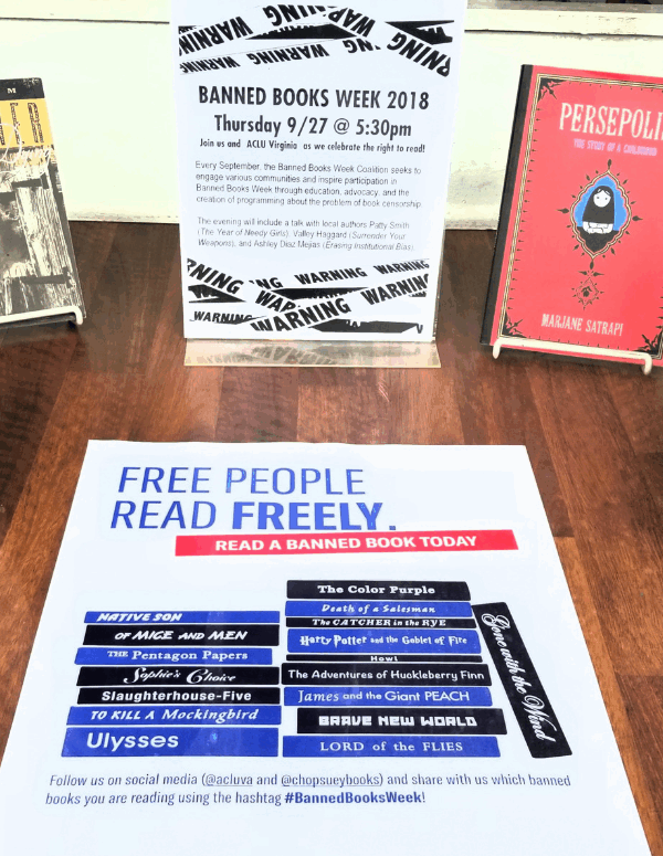 Window display with an ACLU-VA branded Banned Books Week poster