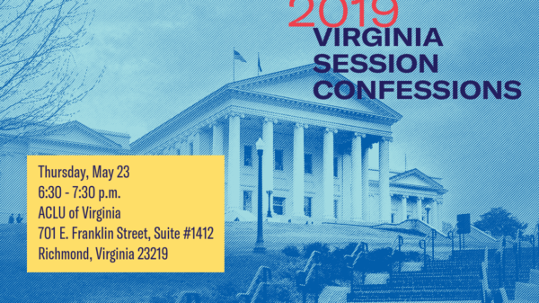 a flyer for the 2019 Session Confessions event with the Virginia Capitol in the background