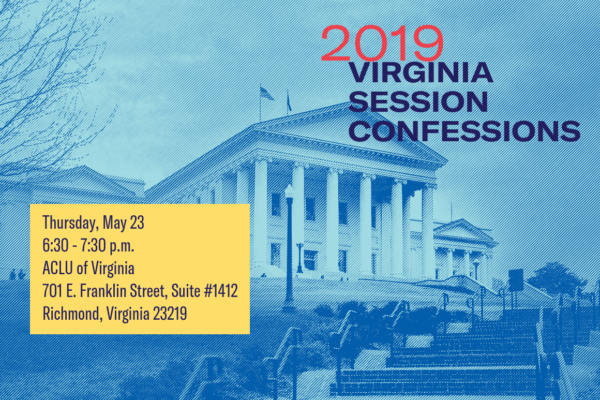 a flyer for the 2019 Session Confessions event with the Virginia Capitol in the background
