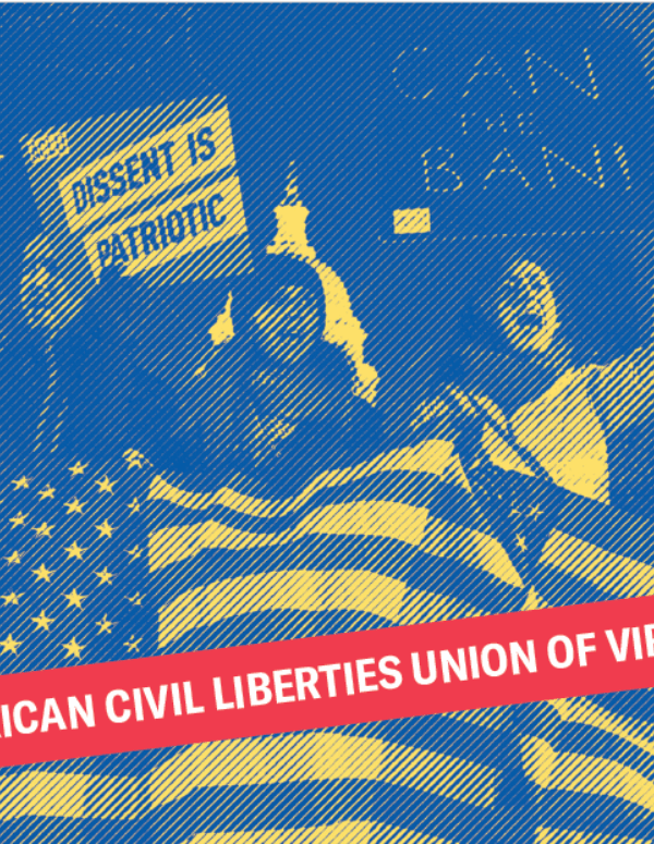 picture of protesters holding sign that say "Dissent is Patriotic." On the upper left corner, the text says "Liberty, Equality, Justice"