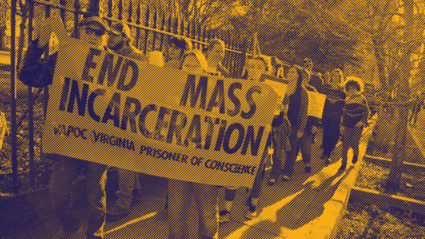 engraved photo of a group of protesters holding a sign that says "end mass incarceration"