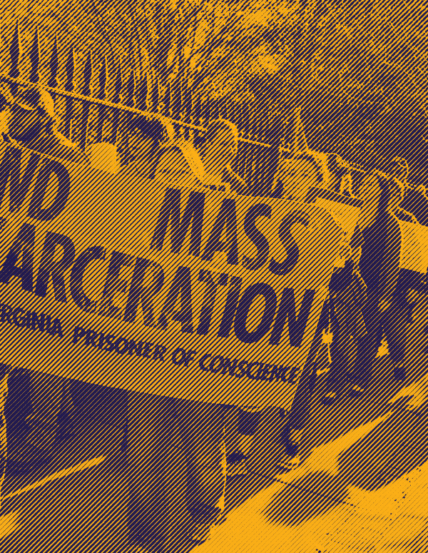 engraved photo of a group of protesters holding a sign that says "end mass incarceration"