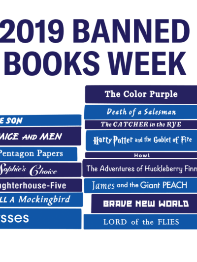 graphic about banned books week celebration with stacks of books that have been banned or challenged (Native Son, Of Mice and Men, The Pentagon Papers, etc.)
