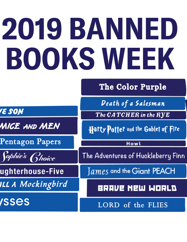 graphic about banned books week celebration with stacks of books that have been banned or challenged (Native Son, Of Mice and Men, The Pentagon Papers, etc.)
