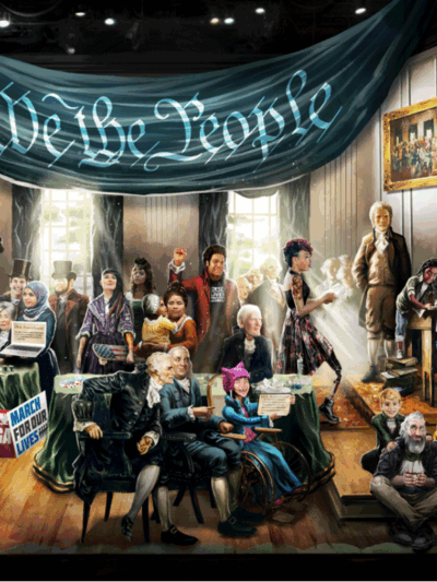 A modern take on the Philadelphia Convention where the U.S. Constitution was ratified, with a wide, diverse groups of people (LGBTQ, people with disabilities, Black Lives Matter, Native Americans, etc.)