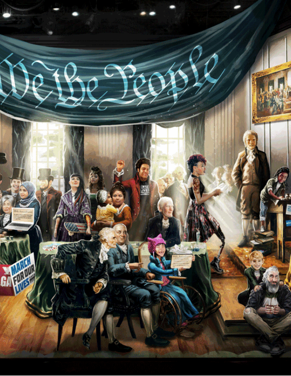A modern take on the Philadelphia Convention where the U.S. Constitution was ratified, with a wide, diverse groups of people (LGBTQ, people with disabilities, Black Lives Matter, Native Americans, etc.)