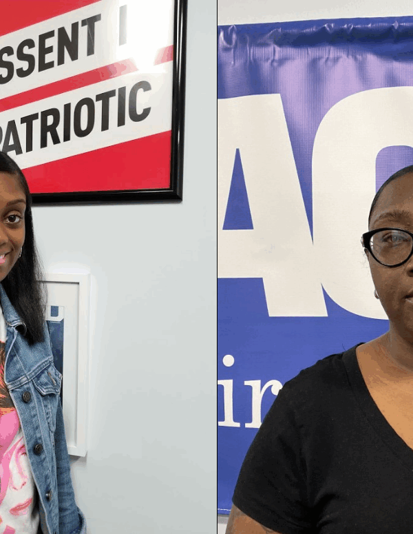 Picture of our clients Tyesha Brooks and Titalayo Shiyanbade, two black women. Tyesha is on the left with long hair, wearing a denim jacket and white t-shirt. Titi is on the right, with short hair (like a crew cut), wearing a black shirt.
