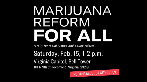 black background with the text "Marijuana reform for all, a rally for racial justice and police reform"