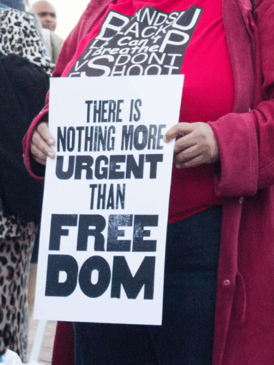 a protest sign that says "there's nothing more urgent than freedom"