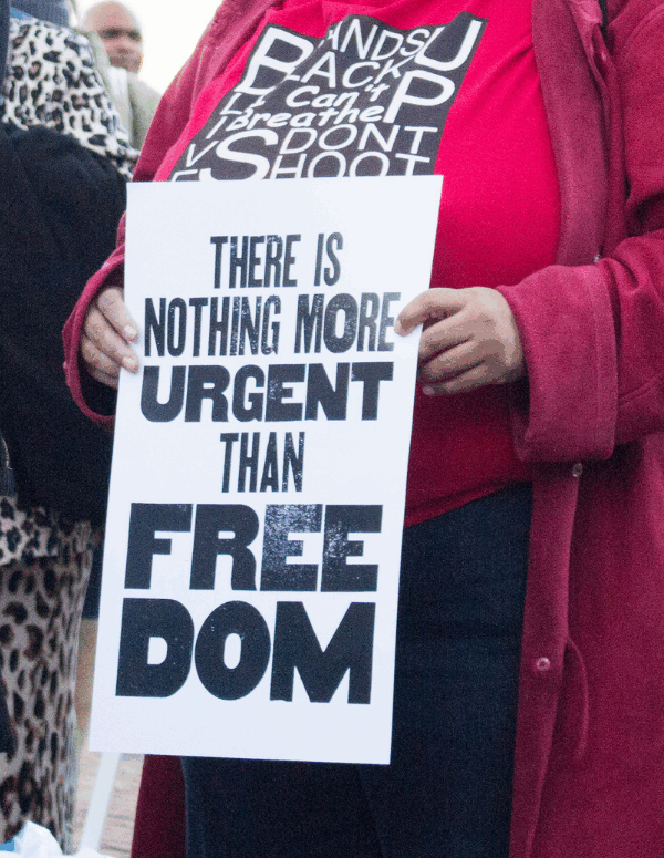 a protest sign that says "there's nothing more urgent than freedom"