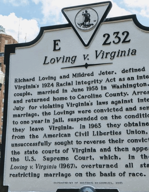 Photo of the historic marker for Loving v. Virginia