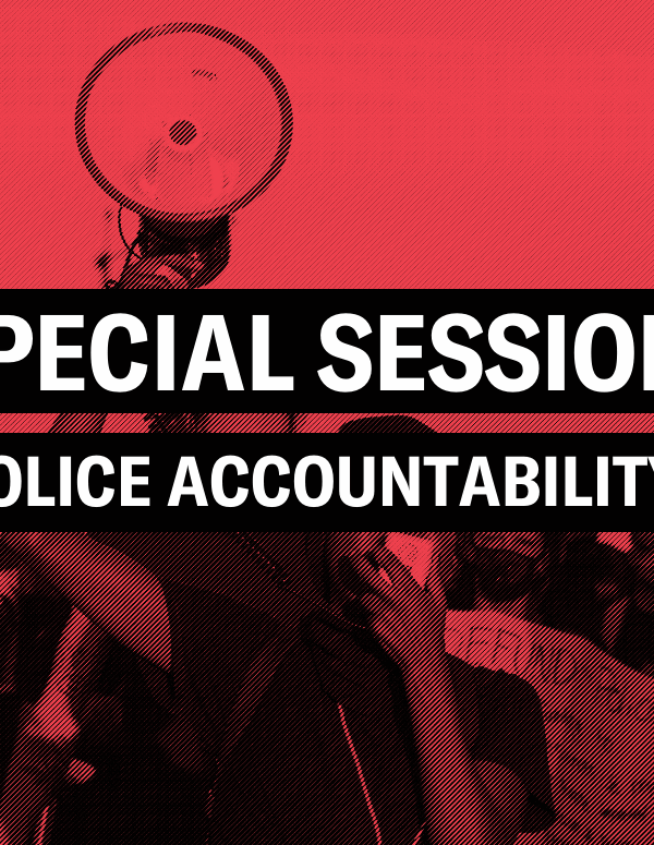 a graphic featuring protesters holding signs and megaphones with the text "special session, police accountability" in the center