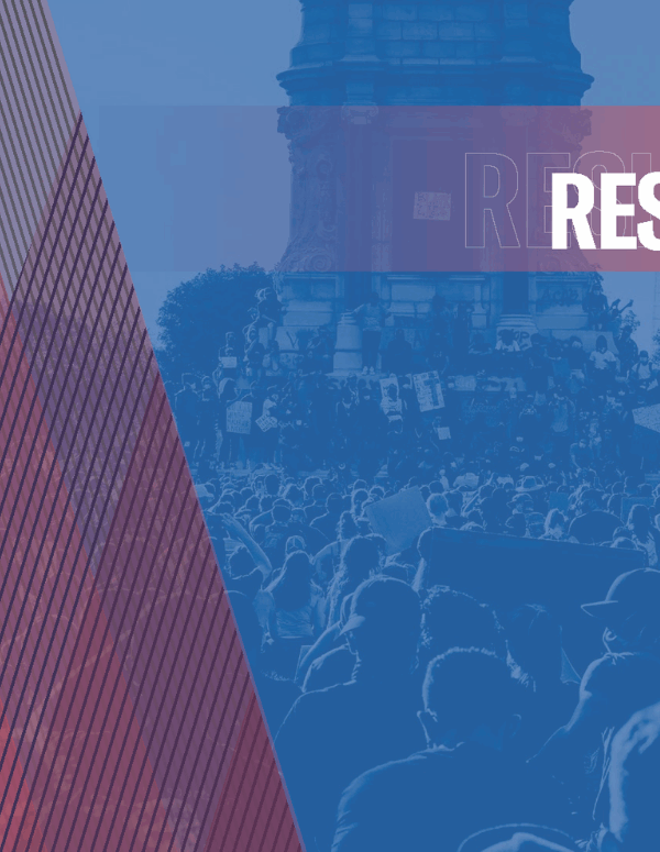 cover of our 2020 annual report, blue background of a protest at the Lee monument in Richmond with the word "Resilience" standing out in red