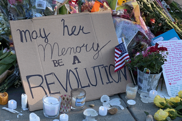 a sign left outside the Supreme Court to remember Justice Ruth Bader Ginsburg.