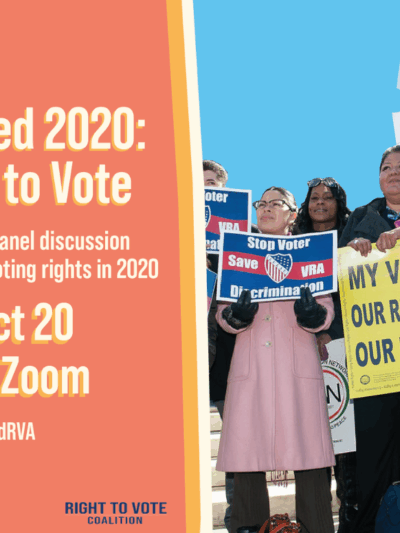 graphic that says "Suppressed 2020: The Fight to Vote" with basic info on the event, with a photo of voting rights protesters on the right