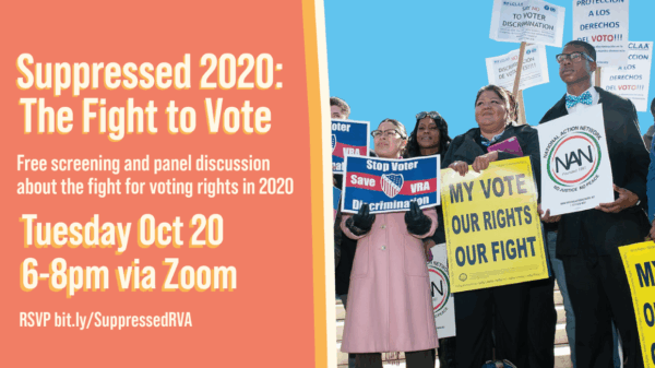 graphic that says "Suppressed 2020: The Fight to Vote" with basic info on the event, with a photo of voting rights protesters on the right